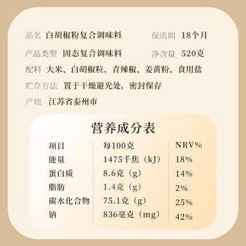 鲜窝窝 白胡椒粉复合调味料520g 大瓶装胡辣汤熬汤烧烤炒菜烧菜研磨香料 /粮油调味 /调味品 /基础香辛料 商品图1
