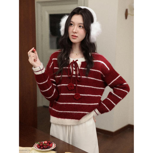 鹿向南「红玫絮语」红色条纹设计感毛衣秋冬季小众时尚外搭上衣女 商品图4