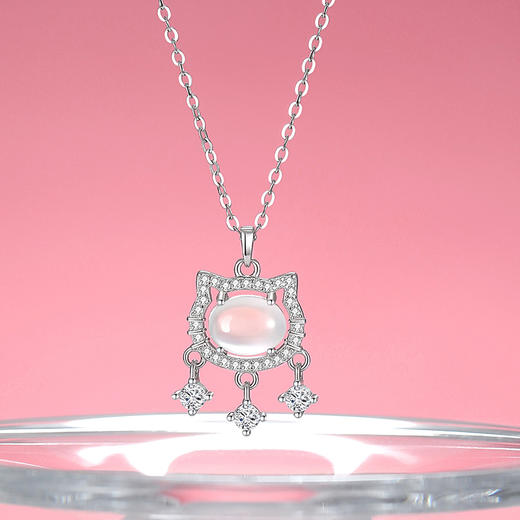 Winy S925 银咪玉眸项链 白月光玉髓镶锆石 可爱猫咪吊坠轻奢锁骨链带鉴定证书 商品图0