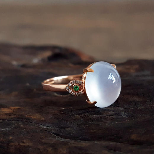 【天然正品】A货翡翠AU750玫瑰金镶钻镶天然细腻白色起荧冰种蛋面翡翠戒指10.3*9.3MM(皆取最大值)13.5号（戒圈可改） 071225HS38 商品图3