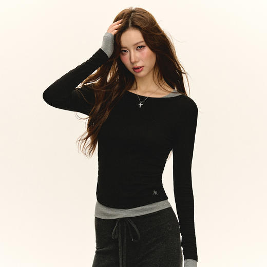 Ariseism 美式复古设计感假两件长袖T恤女秋冬新款内搭打底上衣 商品图1