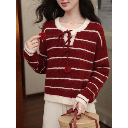 鹿向南「红玫絮语」红色条纹设计感毛衣秋冬季小众时尚外搭上衣女 商品图2