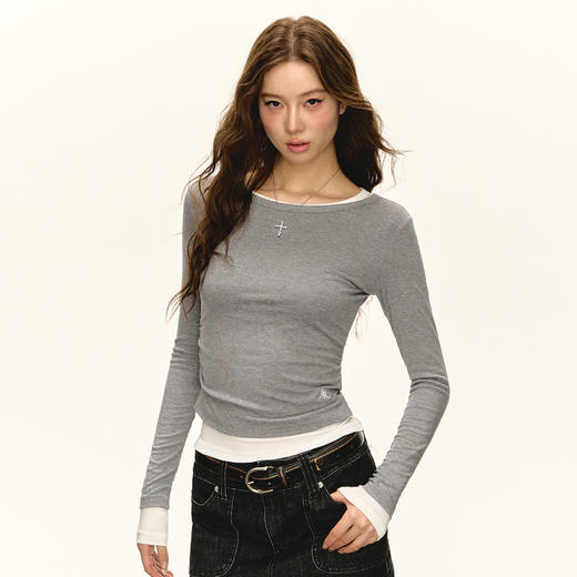 Ariseism 美式复古设计感假两件长袖T恤女秋冬新款内搭打底上衣 商品图3