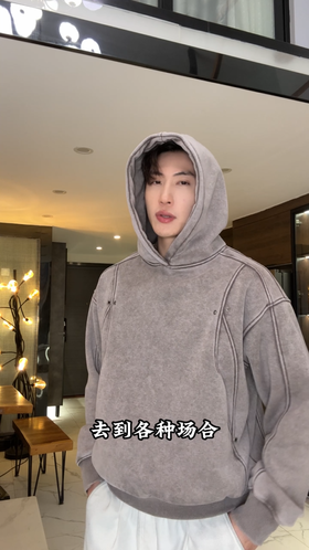 F7296SDSA男士秋冬新款痞帅男装F美式复古做旧重工解构拼接连帽卫衣潮