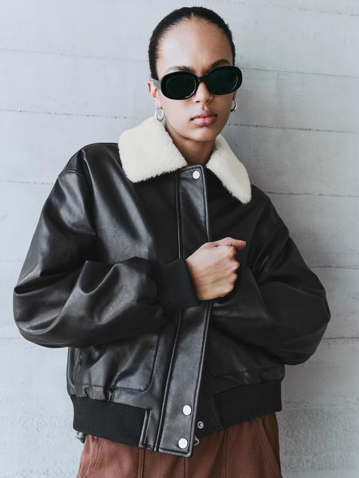 韩国oun*同款可拆卸毛领短款飞行员皮衣夹克 商品图0
