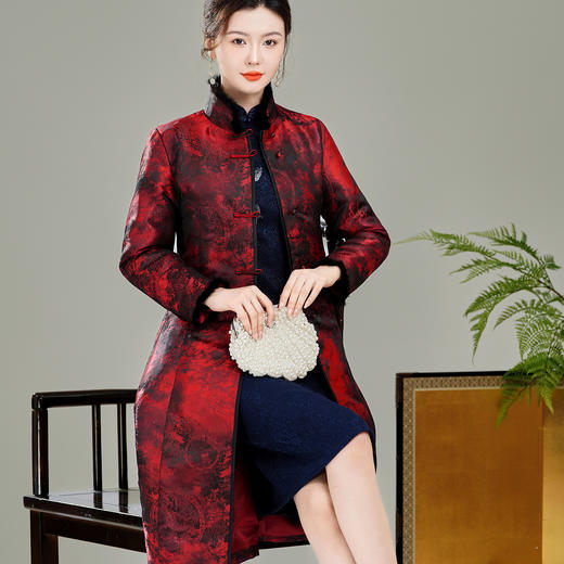 【红玺】冬装水貂毛领长款夹棉加厚保暖唐装风衣大衣外套T25164 商品图3