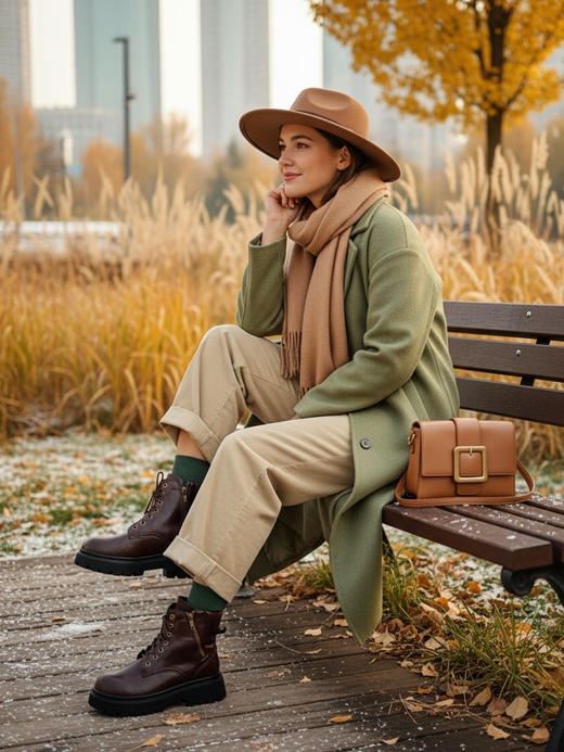 百丽同款女士真皮加厚绒英伦复古马丁靴 商品图0