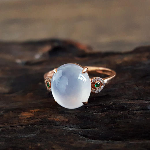 【天然正品】A货翡翠AU750玫瑰金镶钻镶天然细腻白色起荧冰种蛋面翡翠戒指10.3*9.3MM(皆取最大值)13.5号（戒圈可改） 071225HS38 商品图2