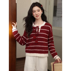 鹿向南「红玫絮语」红色条纹设计感毛衣秋冬季小众时尚外搭上衣女