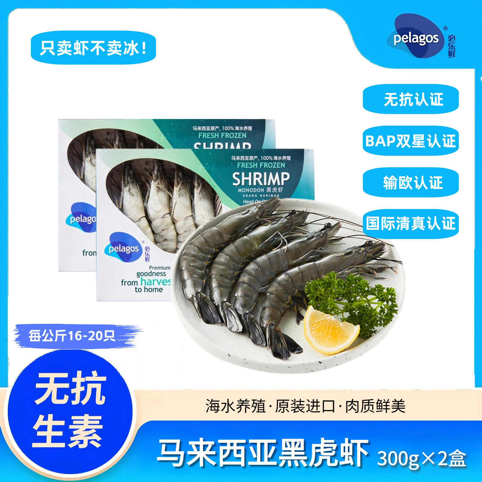 【pelagos必乐鲜】生冻马来西亚大号黑虎虾300g/盒*2盒（每公斤16-20只虾规格）