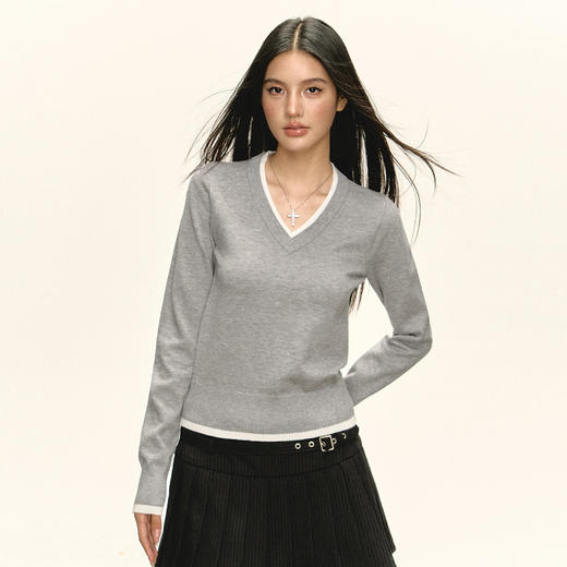 Ariseism 美式复古设计感假两件v领针织衫女秋冬新款修身上衣 商品图1