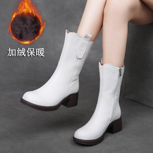 JS5577N 2025冬新款头层牛皮加绒保暖棉靴真皮休闲拉链粗跟马丁靴女靴 商品图0