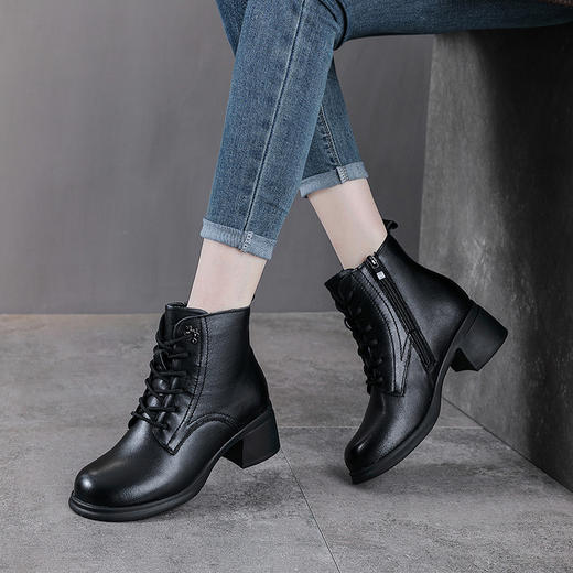 YR 2975真皮复古马丁靴厚底粗跟头层牛皮显脚小系带短筒靴 商品图2
