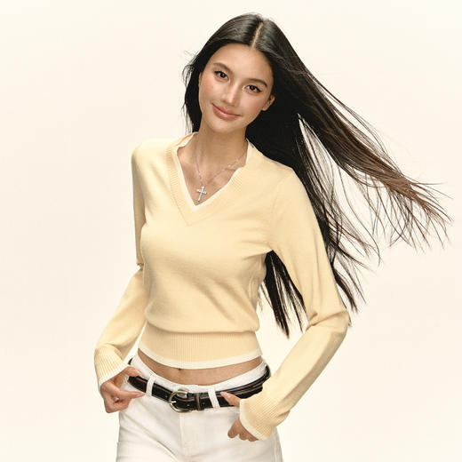 Ariseism 美式复古设计感假两件v领针织衫女秋冬新款修身上衣 商品图2