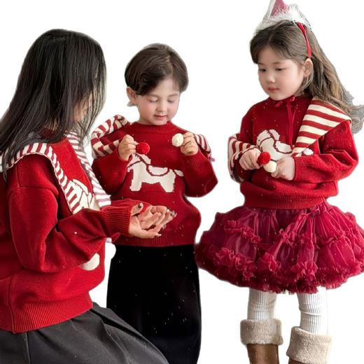 儿童毛衣两件套兄妹马上有钱冬季新款针织衫圣诞百搭新年姐弟上衣 商品图4