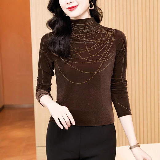 KQLE37M2971 2026春季新款洋气百搭高领纯色烫钻丝绒长袖打底衫修身显瘦T恤女 商品图2