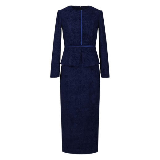 YBY 541C89蓝色丝绒柔软圆领简约修身气质优雅直筒假两件连衣裙 商品图4