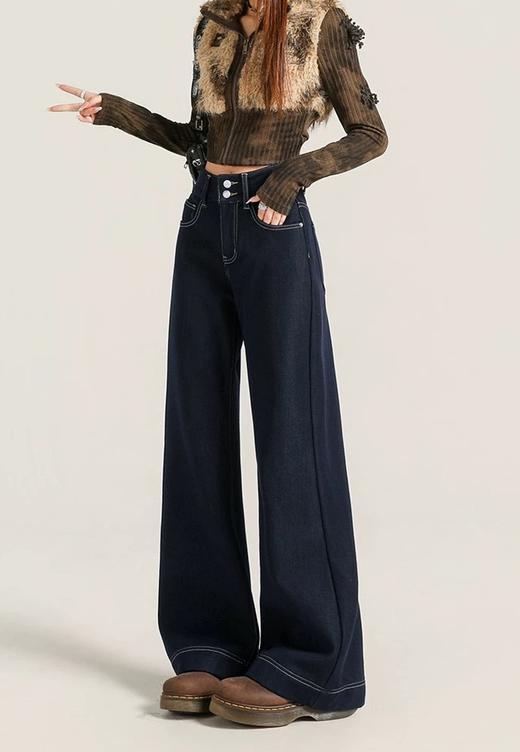 丹宁原本色蓝冬季加绒四面弹阔腿高腰微喇牛仔裤 商品图0