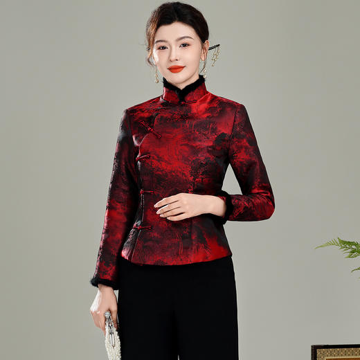 【年轮】冬装毛领夹棉加厚保暖过年喜庆唐装棉袄上衣T25134 商品图3