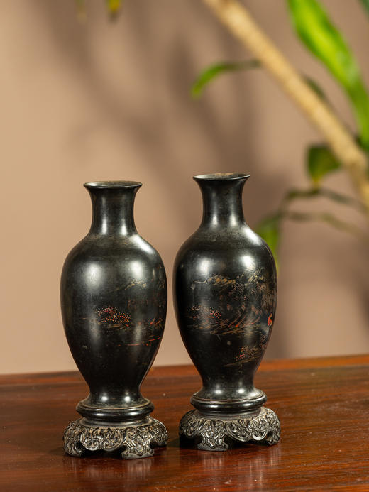 清	匏器髹漆彩绘山水人物赏瓶（一对） 商品图4