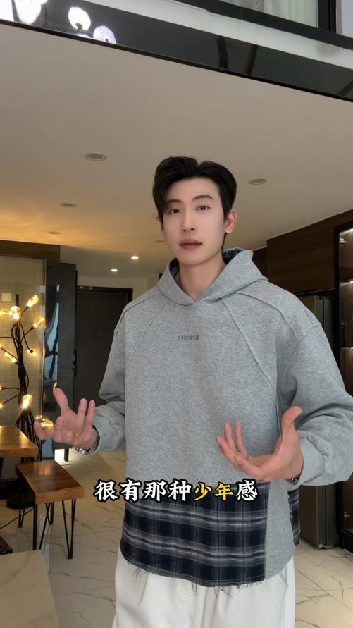 F7271SDSA秋冬新款痞帅男装复古解构格子拼接假两件连帽卫衣宽松休闲 商品图0