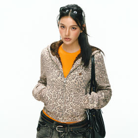 Ariseism 美式复古设计感连帽豹纹加绒卫衣外套女秋冬新款