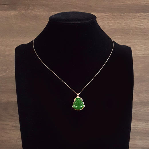 【天然正品】AU750玫瑰金镶钻镶天然细腻菠菜绿无黑点佛公造型碧玉吊坠项链27.7*19.8*8.5MM(皆取最大值)链长：45CM（长度可调节） 071225NJM17 商品图9