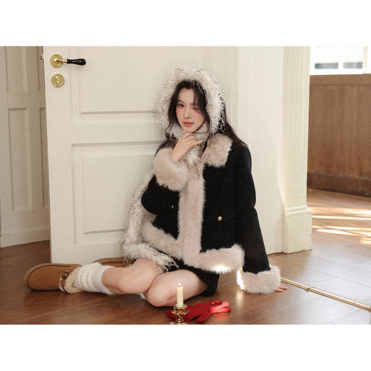 鹿向南「绒暖时光」小香风毛领外套女冬加厚保暖黑色短款洋气上衣 商品图4