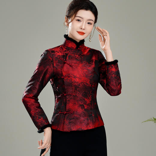 【年轮】冬装毛领夹棉加厚保暖过年喜庆唐装棉袄上衣T25134 商品图0