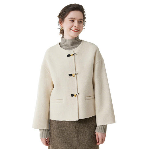 丁摩 新中式短款纯羊毛呢子外套轻奢毛呢上衣秋冬双面呢羊绒大衣5ZF-12226 商品图4