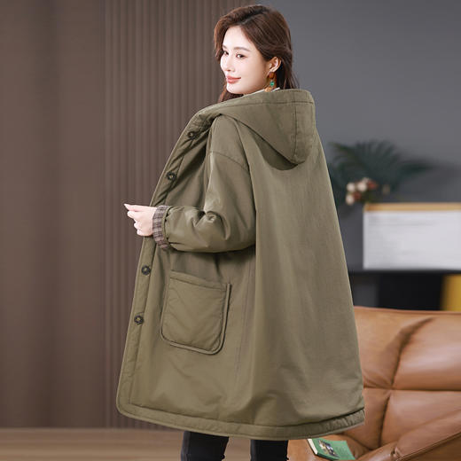 丁摩 咖绿色连帽棉服女中长款秋冬季新款加厚保暖棉袄棉衣外套5ZF-2820 商品图1