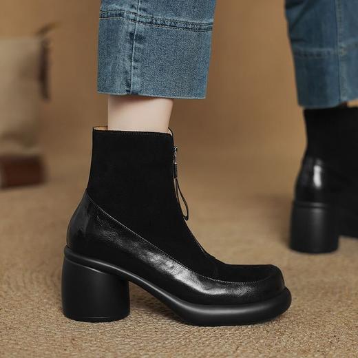 【预售5天】超轻超软加厚毛毛雪地靴秋冬季厚底牛翻皮绒面拼接粗高跟前拉链保暖短靴女ZYY&A1056-1 商品图4