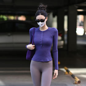 Beemen秋冬休闲瑜伽长袖女 纽扣圆领吸湿排汗 天奴丽丝羊毛立体拼接显瘦上衣