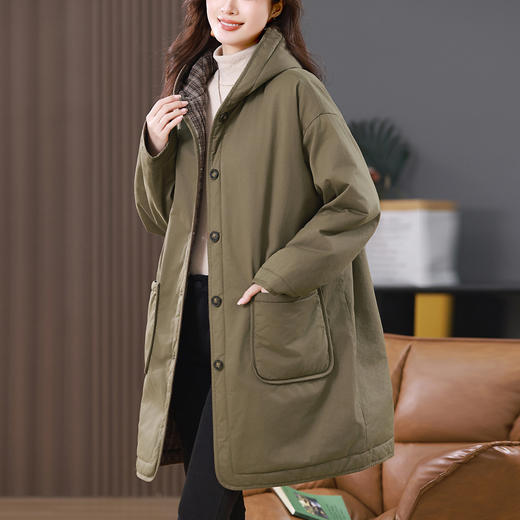 丁摩 咖绿色连帽棉服女中长款秋冬季新款加厚保暖棉袄棉衣外套5ZF-2820 商品图0