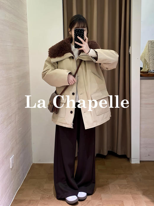 天猫同步【杨幂同款】拉夏贝尔/La Chapelle毛毛翻领翻盖口袋外套女加厚保暖设计感派克服冬季新款 商品图7