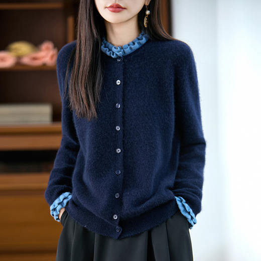丁摩 法式撞色木耳边领100%纯羊毛衫女假两件针织上衣女秋冬打底毛衣5ZF-2515 商品图3