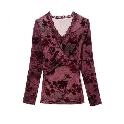 KQL E37M2986洋气百搭V领蕾丝拼接植绒扎染网纱长袖打底衫修身T恤 商品图2