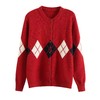 D122120撞色菱格长袖针织开衫上衣女秋冬慵懒软糯百搭毛衣外套 商品缩略图2