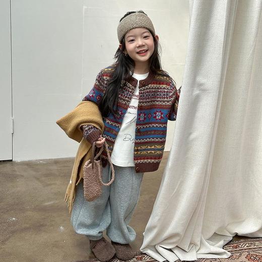 艾摩贝贝童装2025冬季女童复古浪漫费尔岛毛衣提花绵羊毛针织外套 商品图2