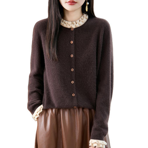 丁摩 法式撞色木耳边领100%纯羊毛衫女假两件针织上衣女秋冬打底毛衣5ZF-2515 商品图4