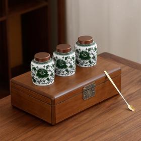 胡桃木.迷你吉祥罐【3小瓷.3两装（螺旋口）+茶勺】60元1套.整箱16套