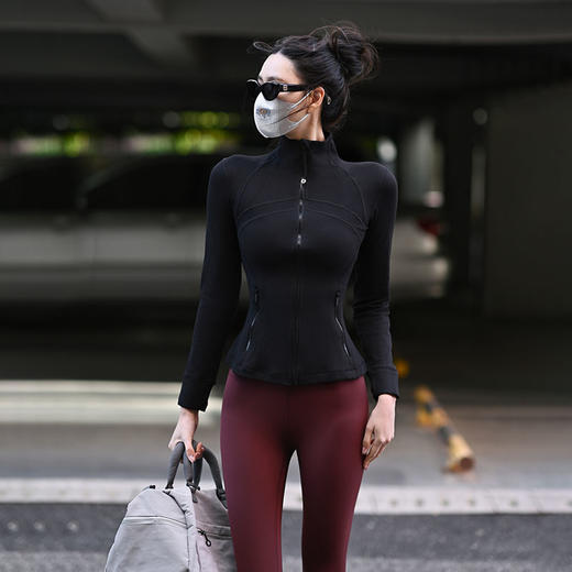 Beemen瑜伽服带口袋外套女 立领拉链磨毛裸感 弹力修身健身运动长袖外套 商品图0