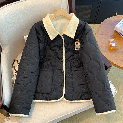丁摩 翻领加绒棉服女冬季新款休闲撞色慵懒风保暖棉袄外套5ZF-2806V 商品图1