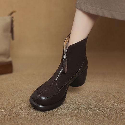 【预售5天】超轻超软加厚毛毛雪地靴秋冬季厚底牛翻皮绒面拼接粗高跟前拉链保暖短靴女ZYY&A1056-1 商品图1