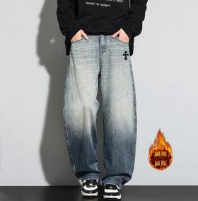 D122107冬季新款加绒腰口抽绳设计宽松时尚休闲牛仔裤