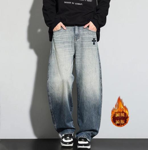 D122107冬季新款加绒腰口抽绳设计宽松时尚休闲牛仔裤 商品图0