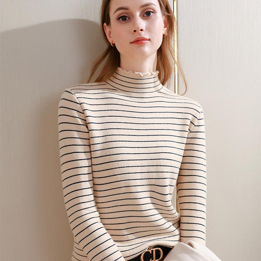 I5D3111-LY条纹针织打底衫女2025新款女装减龄木耳边半高领套头毛衣内搭上衣 商品图1