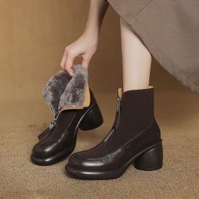 【预售5天】超轻超软加厚毛毛雪地靴秋冬季厚底牛翻皮绒面拼接粗高跟前拉链保暖短靴女ZYY&A1056-1