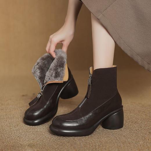 【预售5天】超轻超软加厚毛毛雪地靴秋冬季厚底牛翻皮绒面拼接粗高跟前拉链保暖短靴女ZYY&A1056-1 商品图0