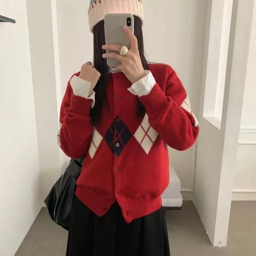 D122120撞色菱格长袖针织开衫上衣女秋冬慵懒软糯百搭毛衣外套 商品图12